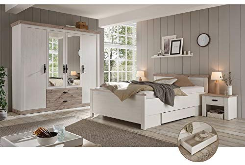 Lomadox Schlafzimmer Komplett im Landhausstil in Pinie weiß Nb. mit Absetzungen in Pinie dunkel Nb.