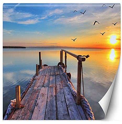 Feeby Papier Peint Intisse Coucher De Soleil Sur Le Lac 200x200 cm orange Moderne Panoramique XXL Photo Mural Muraux Chambre Bureau Salle Jetée Oiseaux