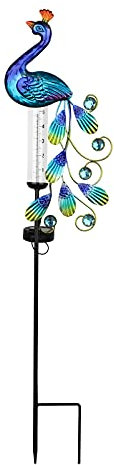 HJHIWE 2 Stück Pfauen-Regenmesser mit Solar-Lichtpfahl, 32,3 Zoll Metall Wasserdicht Rostfrei Solar Regenmesser für Hof, Rasen, Weg, Terrasse, Dekorationen