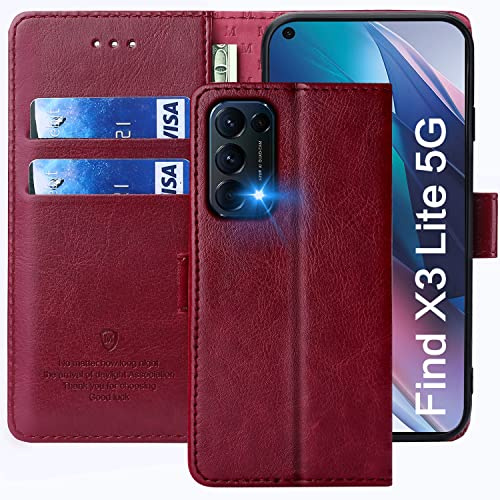 FMPCUON Hülle für Oppo Find X3 Lite 5G Handyhülle [Standfunktion] [Kartenfach] [Magnetverschluss] Tasche Flip Case Schutzhülle lederhülle klapphülle für Oppo Find X3 Lite 5G Rot