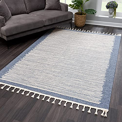 payé Teppich Wohnzimmer mit Fransen Deko Boho - Blau Cream-Streifen - 80x150cm - Kurzflor Schlafzimmer Flur Dekoration Läufer - Skandinavische Teppiche