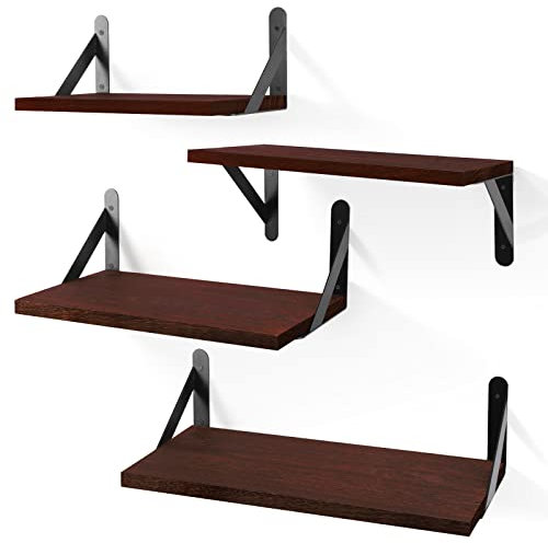 YGEOMER Schweberegale für Wand, Walnuss Rot Braun Wandregale Verschiedene Größen, Wandmontiertes Holzregal für Wohnzimmer, Badezimmer, Schlafzimmer, Küche, Wohnkultur (4er Set)