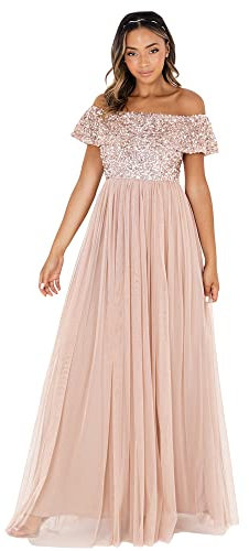 Maya Deluxe Damen Abendkleid Brautjungfernkleid Bardot Paillettenverzierung Elegant Für Hochzeit Tüllkleid Bridesmaid Dress, Taupe Blush, 46 EU