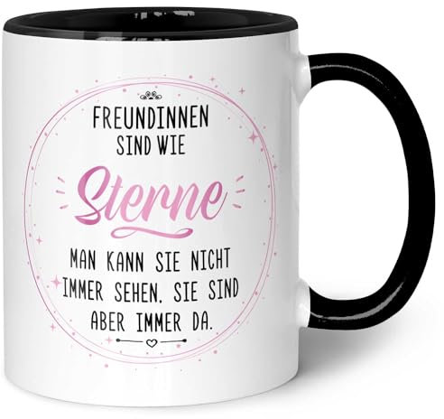 GRAVURZEILE Bedruckte Tasse mit Spruch - Freundinnen sind wie Sterne - Geschenk für Freundinnen - Geschenke für die beste Freundin zum Geburtstag oder zu Weihnachten - Farbe: Schwarz & Weiß