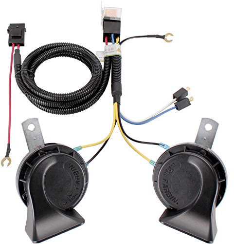 FARBIN 12V Auto Horn Loud Electric Air Horn Zug Horn Kit für LKW mit Relais Harness Horn für Auto LKW SUV Motorrad Boot (12V, Schwarzes Horn mit Kabelbaum)