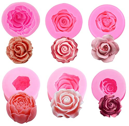 Bloom Lot de 6 moules en silicone en forme de rose 3D pour fondant, savon, bougie, gâteau, chocolat, bonbons, pâtisserie, dessert