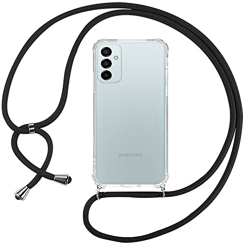 ISOI Funda con Cuerda para Samsung Galaxy M23 5G / M13 4G, Carcasa Transparente TPU Suave Silicona Case con Correa Colgante Ajustable Collar Correa de Cuello Cadena Cordón, Negro