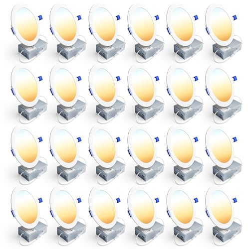 Ensenior 24 Pack 6 Inch LED Recessed Ceiling Light, Dimmable, 2700K-5000K 5CCT, 1200LM 12W 120V, High Brightness Canless Wafer Downlight - ETL&FCC&IC