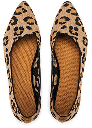 Frank Mully Womens Pointed Toe Ballet Flat Knit Dress Shoes Low Wedge Flat Shoes Comfort Slip On Flats Shoes for Woman Classic Softable Shoes, Leopard Yellow, 5 UK