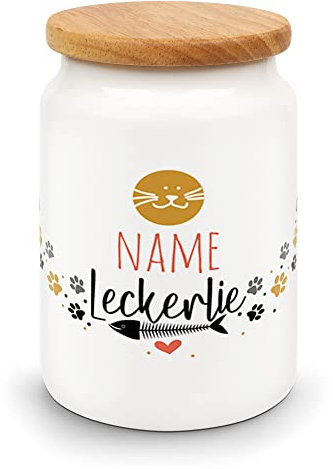 PR Print Royal Personalisierte Leckerlidose für Katzen - Vorratsdose für Katzen-Snacks personalisiert mit Katzenname - Keramikdose mit Holzdeckel - 650 ml | Geschenk für Katzenliebhaber