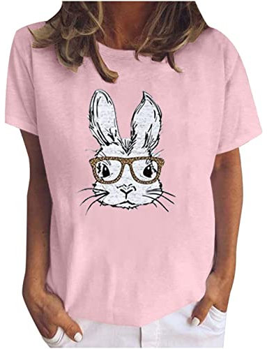 TRIGLICOLEUM Damen Ostern T-Shirt Sommer Bluse Oberteile Süße Osterhase Osterei Druck Tunika Tops Kurzärmelig Tshirt Rundhals Pullover Teenager Mädchen Shirt Normale Passform Pulli Karneval Kleidung