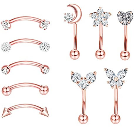 Longbeauty 16G Chirurgenstahl Bananabells Gebogen Barbell Piercing Zirkonia Lippen Augenbrauen Labret Septum Bauch Ring 8MM Stablänge, 10 Pcs, Rosegold