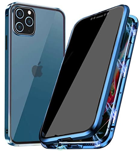 PingGoo Privacy Magnetic Case for iPhone 12 Mini, Anti Peep Tempered Glass Full Body Case, Front & Back 9H Tempered Glass, Privacy Screen Protector Metal Frame Anti Spy Case Cover, Blue