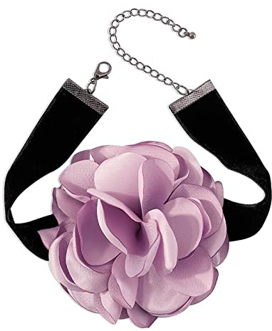 Zeshimb Boho Black Velvet Choker Necklace with 3D Purple Rose Flower and Satin Floral Collar - Exaggerated Large Flower Necklace for Cosplay Gifts, Women & Girls