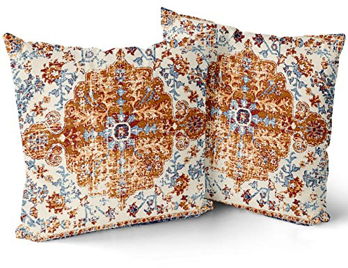 Kawani Senfgelb Blau ethnischer Boho-Kissenbezüge, 40.6x40.6 cm, böhmischer Teppich, Vintage-Orange-Grau, Blumenmuster, dekorative Kissen, Bauernhaus-Akzent, Veranda, 2er-Set