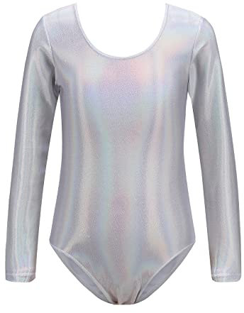 Turnanzug Mädchen Langarm Kinder U Rücken Metallic Glitzer Gymnastikanzug Ballett Trikot Body Leotard Tanzbody Ballettanzug Balletttrikot Eiskunstlauf Ballerina Ballettkleidung Silber 4-5 Jahre