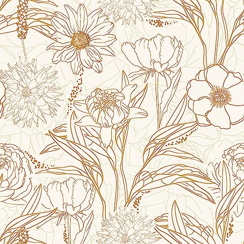 COKCOKR Gold/White Floral Peel and Stick Wallpaper, 17.71 in X 118.1 in, Straight Match, 14.5 sq ft Coverage, Classic Style, Renter Friendly