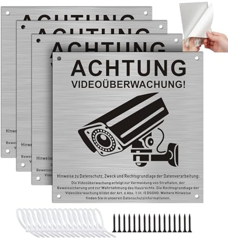 DAOUZL 4 Stück Achtung Videoüberwachung Schild Mit DSGVO Hinweis, 15x15cm Kameraüberwachung, Aluverbund Warnhinweis für Innen Außen