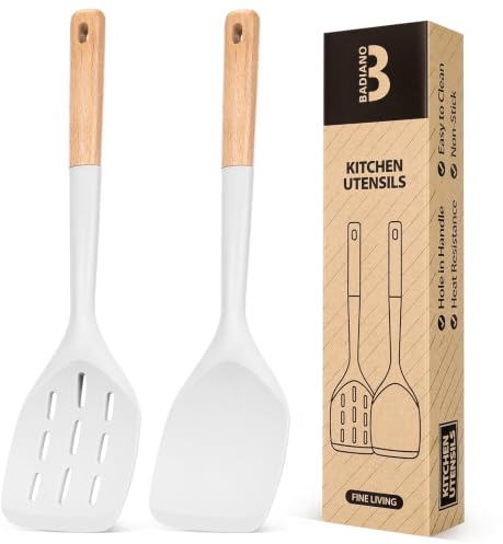 Pack of 2 Silicone Spatula, Non Stick Cooking Utensil Set Wooden Handle Kitchen Turner for Baking Mixing Grilling Serving Food Heat Resistant Non Scratch Hooks Included (White)