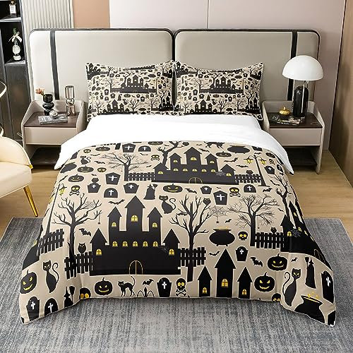 Halloween 100% Natürliche Baumwolle Bettbezug,Gotische Schlösser Bäume Kürbis Bettwäsche Set 155x220,Horror Halloween Gruselige Eulen Katzen Fledermäuse Schädel Tröster Abdeckung mit 1 Kissenbezug