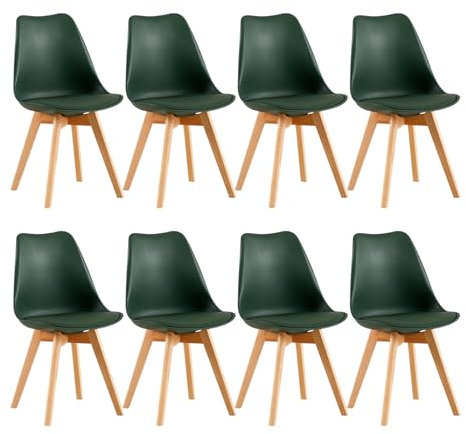 H.J WeDoo Set mit 8 Stühlen für Esszimmer, nordische Küchenstühle mit gepolstertem Sitz, Beine aus Buchenholz, ergonomische Rückenlehne, mattgrün…