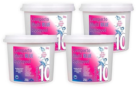 Pack Super Ahorro 4 uds Compacto 10 ACCIONES AQUAPOOL (200 GR) - Pastillas de Cloro multifunción - Disolución Lenta - Apto Piscinas Liner (4x5 KG)