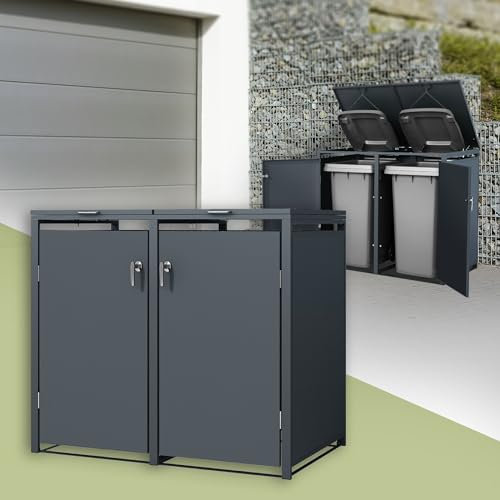 ML-Design Cobertizo Doble para Ocultar 2 Cubos de Basura 240L Antracita 132x80x116,3cm Caseta de Acero para Jardín Exterior Contenedor Resistente a Interperie Caja con Tapa Abatible y Cerradura