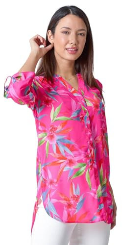 Roman Originals Shirt Top for Women UK Ladies Collarless Blouse Smart Tunic Button Through Longline Asymmetric Hem 3/4 Length Roll Up Sleeves V Neck Going Out - Cerise Multicoloured - Size 20