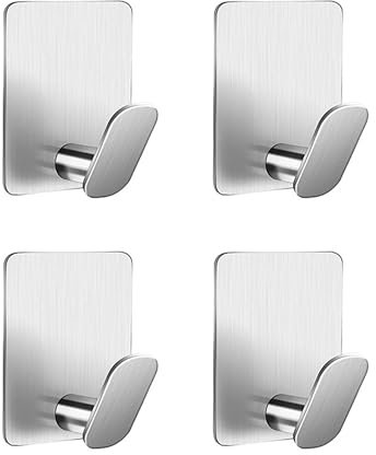 Adurei Self Adhesive Sticky Hooks 4 Pack - Stainless Steel No Drill Wall, Towel, Door & Coat Hooks - Waterproof for Bathroom & Kitchen, Silver
