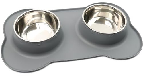 DIVCHI Pets Bowl Food And Drink Double Bowls Set With Silicone Mat Tray For Cats Puppies Small Dogs Feeding (Grey, XL)