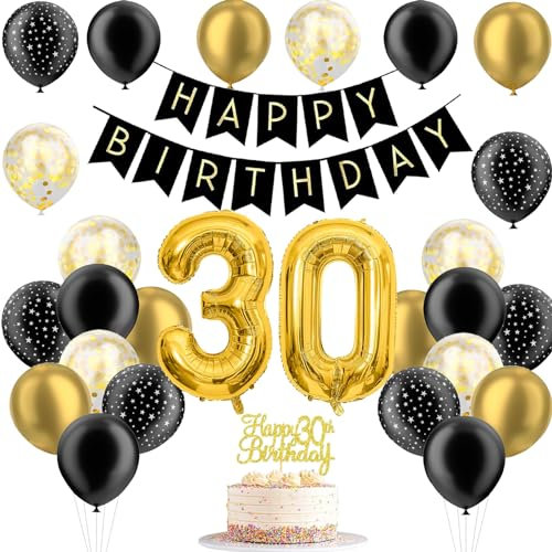 JJJZAMZ Deko 30 Geburtstag Frauen Manner, Deko Geburtstag Mann Luftballons Schwarz Gold, Zahlen Luftballon 30 Party Deko, Tortendeko 30 Geburtstag Frauen Manner, Geburtstagsdeko 30 Banner