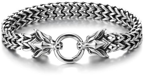 COOLSTEELANDBEYOND Wikinger Armband, Fuchs Kopf Franco Link Panzerkette Armband für Herren, Edelstahl, Biker