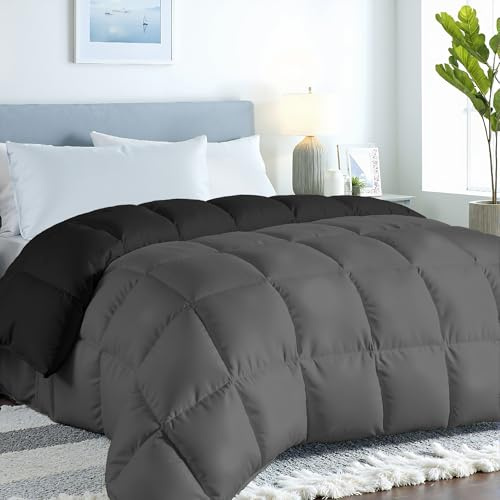 ROYALE LINENS Reversible Comforter - Queen Size Duvet Insert - All Season Soft Quilted Comforters with 8 Corner Tabs - Down Alternative Bedding Comforter - Duvet Insert (Black/Charcoal, Queen 88x88)