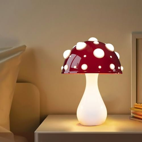 Pilz Lampe LED Rot Pilzlampe, 3-Farbige Dimmbare Pilz Nachttischlampe, Mushroom Tischleuchte Deko Nachtlicht mit Kabel für Wohnzimmer Schlafzimmer, Glühbirne Inklusive