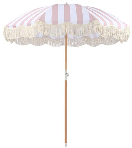 180cm Paraguas De Patio Con Flecos - Parasol De Exterior Para Patio, Piscina, Mesa, Jardín, Terraza, Playa Y Exteriores, Paraguas De Jardín Plegable Con Bolsa De Tran(Size:2m,Color:Raya rosa y blanca)