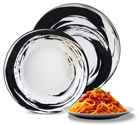 Avilia Servizio di Piatti 18 Pezzi in Porcellana Nero e Bianco - Set Ideale per 6 Persone con Piatti Piani, Fondi e per Dessert - Set Lavabile in Lavastoviglie e Adatto ad Ogni Occasione