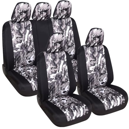 Rebeca Shop® Universelle Autositzbezüge, Komplettset vorne und hinten mit Reißverschluss und Kopfstützenbezügen A23 (Helle Camouflage/Schwarz)