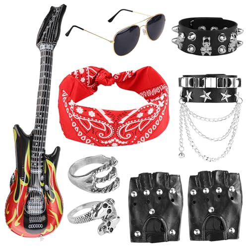 PEUTIER 9pcs Rockstar Costume, 80s Outfit for Rocker Costume Men Punk Rockstar Outfit Punk Accessories Accessories for Men