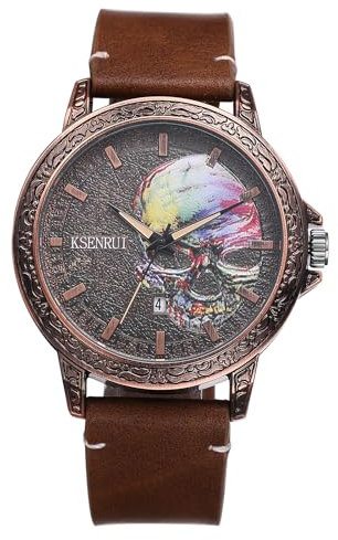 JewelryWe Herrenuhr Steampunk Echtleder Uhr: Vintage Punk Halloween Bunt Totenkopf Schädel Armbanduhr Herren 30m Wasserdicht Kalender Analog Quarz Leuchtende Motorrad Uhr mit Braun Lederarmband