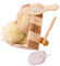 Beatifufu 1 Satz Badezimmer-Badeset Gesichtsschwamm Handtücher Pouf aus Maschengewebe für die Dusche Körper badgarnitur set bathroom set einfacher Holzeimer praktisches Badezubehör hölzern