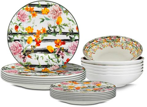ARCA, Set 18 Piatti Coordinati Flora in Porcellana e Ceramica Decorata, Servizio per 6 Persone, con Piatti Fondi, Piani e da Dessert