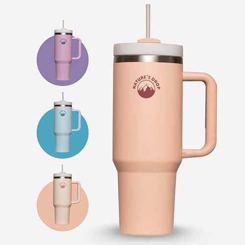 Nature's Drop Thermobecher mit Strohhalm und Henkel, Quencher,1180ml40oz Kaffeebecher mit Deckel,Doppelwandiger Isolierbecher für Kalte Heiße Getränke (Rosa/Pink)