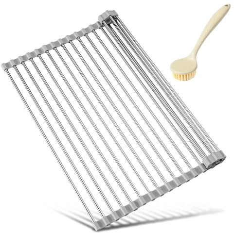 Milton' Store® escurreplatos + Cepillo de Regalo. Ideal para Secar Platos, Utensilios de Cocina, Frutas y Verduras. Escurreplatos Plegable sobre Fregadero, Escurridor Acero Inoxidable (Gris, 43 * 25)