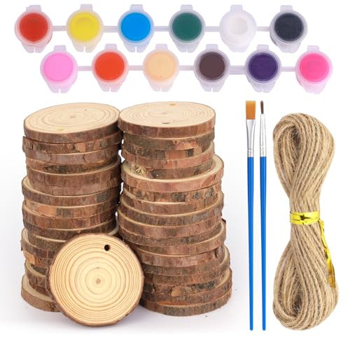 36 Stück Holzscheiben 5-6 cm Durchmesser, Baumscheiben Es Gibt Löcher, Holzscheiben Zum Basteln - Kommt Mit 10m Hanfseil, 12 Farben Und Zwei Pinseln, Holzscheiben Deko Für Heimwerkerarbeiten