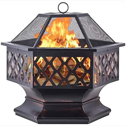 XZHOOQP Feuerstelle für den Außenbereich, Gartenkamin mit Grillrost, Schwarz, Eisen, Quadratisch, Holz, Holzkohle, Metall, Holz kompatibel