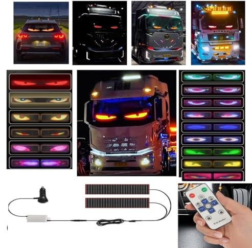 Grands Yeux de Diable Dynamiques pour Camions et Voitures, Grand Écran LED Dynamiques pour Fenêtre de Voiture, a Monter Soi-même, Programmables avec Télécommande, Écran LED Flexible(2pcs 16.6x80CM)