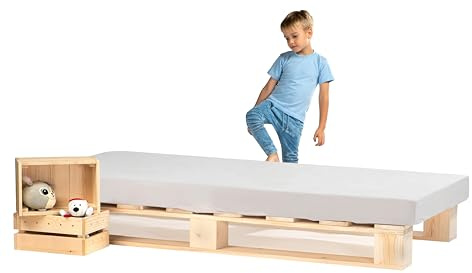 Lermowood Palettenbett M1 aus Holz 120 x 200 cm Natur mit Lattenrost Holzbett 20cm Stabiles Seniorenbett Kinderbett Jugendbett Gästebett erhöhtes Einzelbett Bettgestell Futonbett Komforthöhe Naturholz