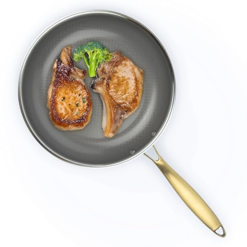 David Burke GeoClad Ceramic Hybrid Non-Stick 12 Fry Pan – Stainless Steel Sear Surface, Geometric Pattern, Tri-Ply Clad Body, PFOA-Free, Coffee Gray/Gold