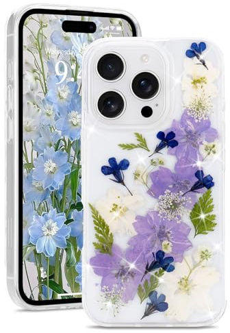 L-FADNUT for iPhone 16 Pro Case Glitter Floral Clear for Women, Blue | Real Dried Flowers with Sparkle Cover for Women Girls, Cute Handmade Pressed Floral Clear Shockproof Protective Phone Case