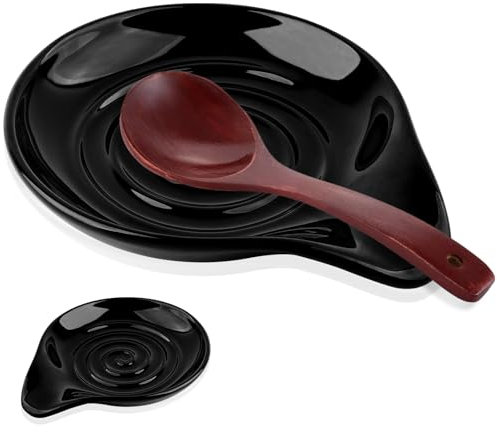 Ceramic Spoon Rest for Kitchen, Heat Resistant Spoon Holder for Stove Top, Cooking Spoon Holder for Utensils Spatula, Ladle, Tongs, Dishwasher Safe, Black (5 Inch)